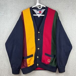 Vintage Tommy Hilfiger Colorblock Cardigan Sweater Mens Large Navy Red Yellow